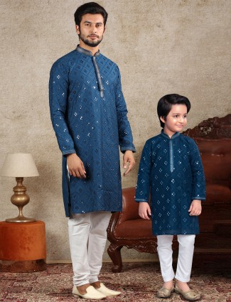 Father and son concept teal blue festive wear silk kurta suit